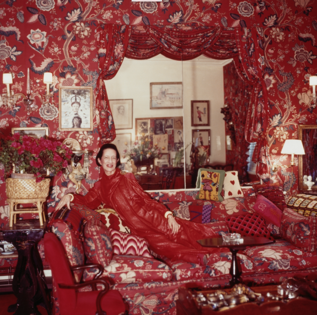 Diana Vreeland at home in her "garden in hell" living room. Photo by Horst P. Horst/Conde Nast via Getty Images.