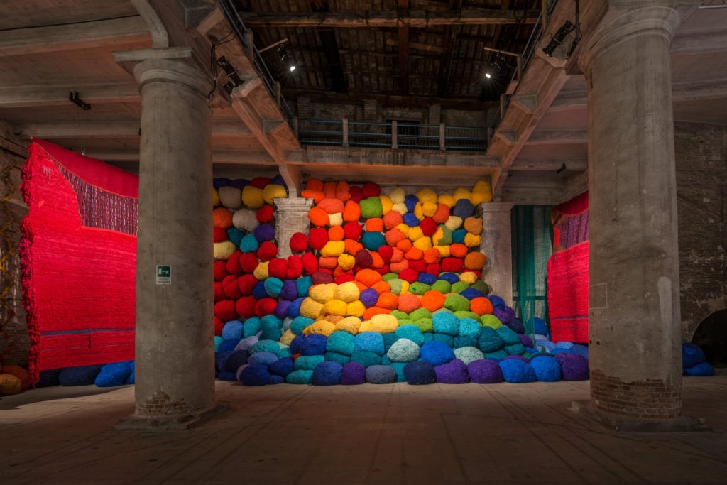 Installation view of Sheila Hicks, <em>Escalade Beyond Chromatic Lands</em> (2016–17), at Biennale di Venezia, Venice, Italy, 2017. Photo by Andrea Avezzù. Courtesy of La Biennale di Venezia.