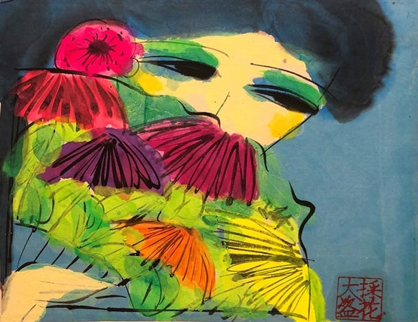Walasse Ting , Girl with a Floral Fan (1990–1999). Courtesy Alisan Fine Arts.