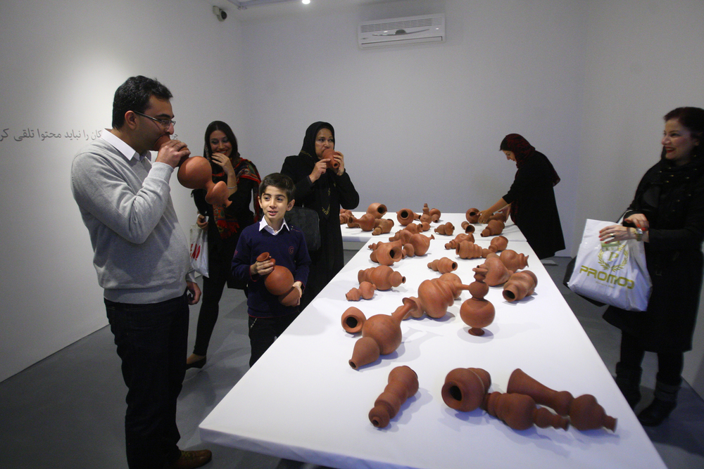 Babak Golkar’s Scream Pots at his exhibition at Ab-Anbar gallery in Tehran. Photo courtesy of the artist.