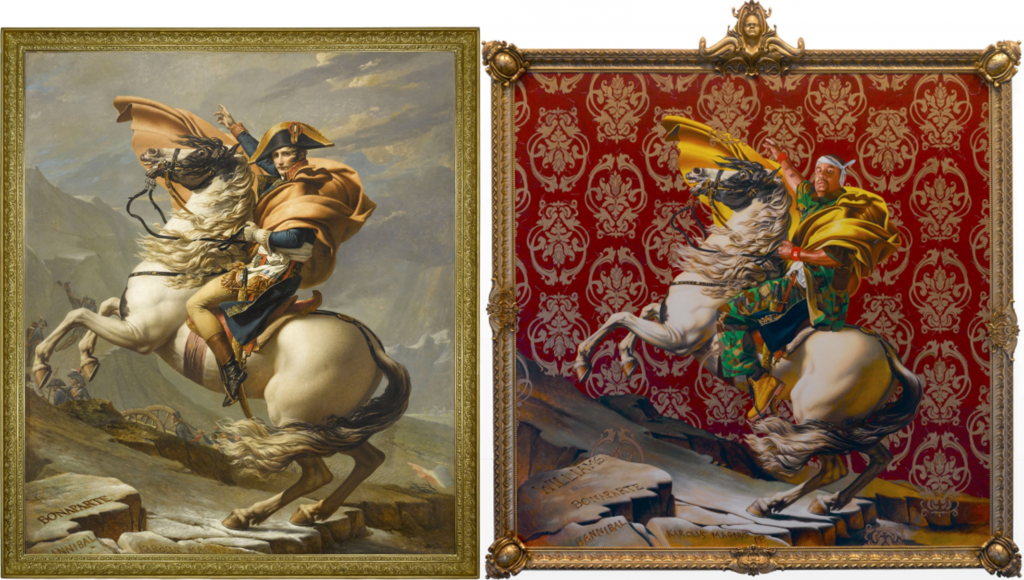 Left, Jaques Louis David's Bonaparte Crossing the Alps (1800-1) with Kehinde Wiley's Napoleon Leading the Army over the Alps (2005). Courtesy of the Brooklyn Museum.