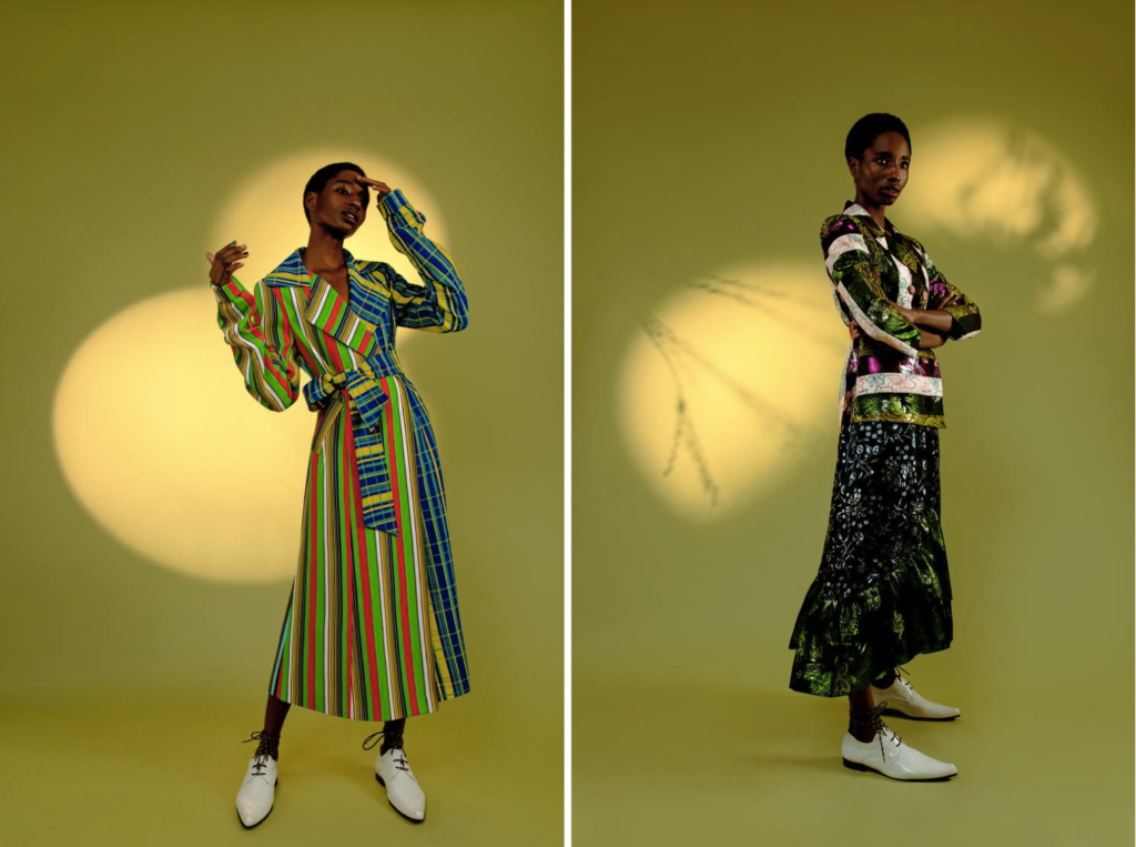 Duro Olowu collection Spring/Summer 2020, Look 7 and Look 25. Photo: Christina Ebenezer, courtesy of MCA Chicago.