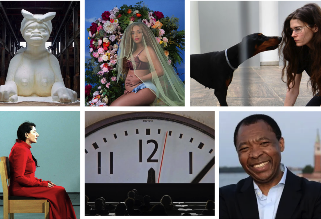From left; Kara Walker's Sugar Baby (2012); Beyonce photographed by Awol Erikzu; Anne Imhof's Faust; Marina Abromovic; still from Christian Marclay's The Clock; Okwui Enwezor. Courtesy Artnet News.