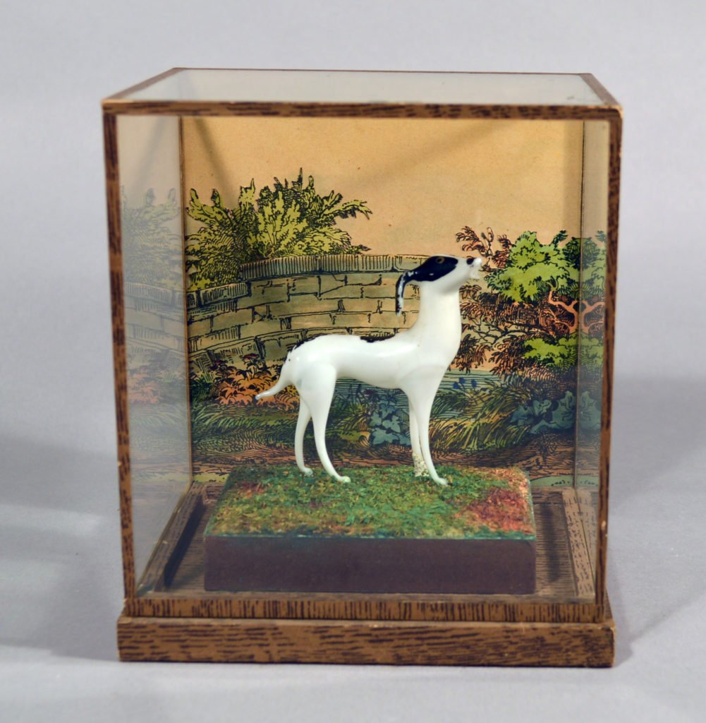 A glass dog diorama offered by earle d. vandekar of knightsbridge. Courtesy of Reh Shows.