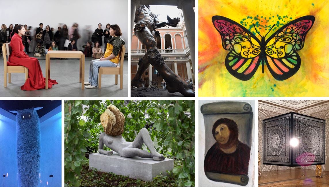 Clockwise from top left: Marina Abramović, The Artist is Present (2010); Damien Hirst’s “Treasures From the Wreck of The Unbelievable”; Favianna Rodriguez, Migration is Beautiful (2013); Anila Quayyum Agha, Intersections (2014); Elías García Martínez, as restored by Cecilia Giménez, Ecce Homo (c.1930/2012); Pierre Huyghe, Untilled (Liegender Frauenakt) (2015); Meow Wolf, The House of Eternal Return (2014-ongoing).