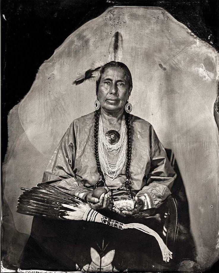 Will Wilson, “Casey Camp Horinek, Citizen Ponca Tribe of Oklahoma, “Zhutni,” Tribal Councilwoman, Leader of Scalp Dance Society, Sundancer, Delegate to UN Permanent Forum on Indigenous Issues, Matriarch of Wonderful Family (Grandmother, Companion, Mother, Sister), Defender of Mother Earth (2016). Photo courtesy Beinecke Rare Book and Manuscript Library, ©Will Wilson Artist.