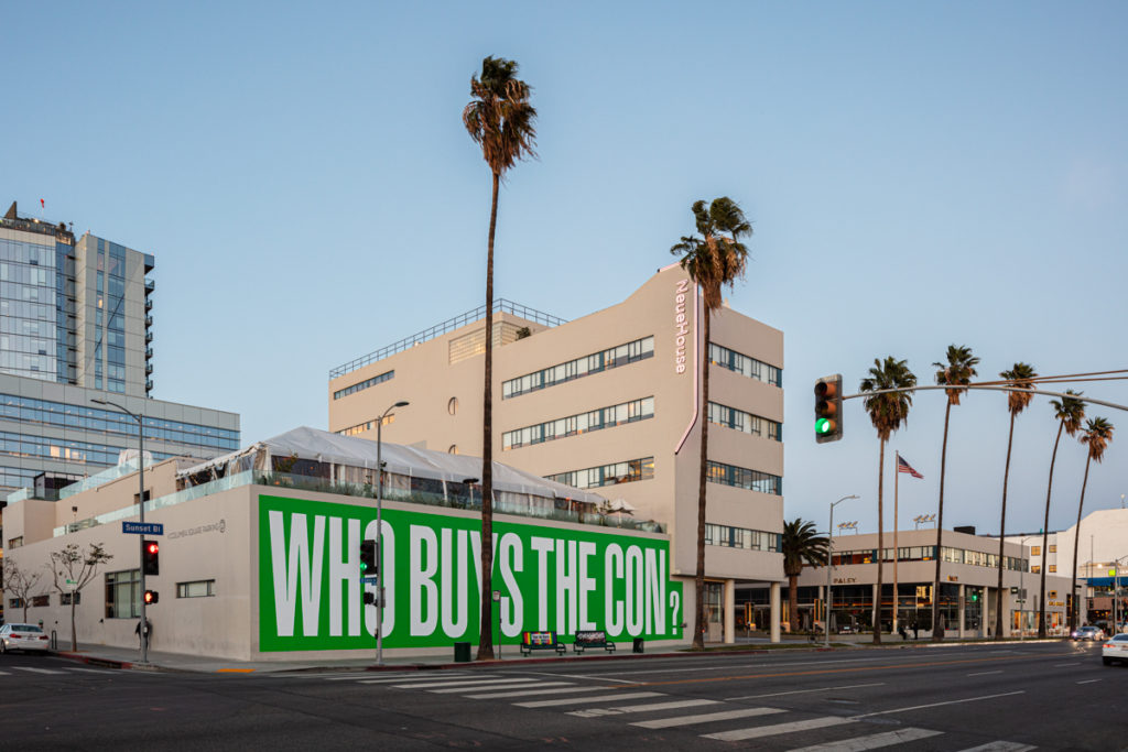 Barbara Kruger, Untitled (Questions), 2020, at the NeueHouse Hollywood. Photo courtesy of the NeueHouse Hollywood.