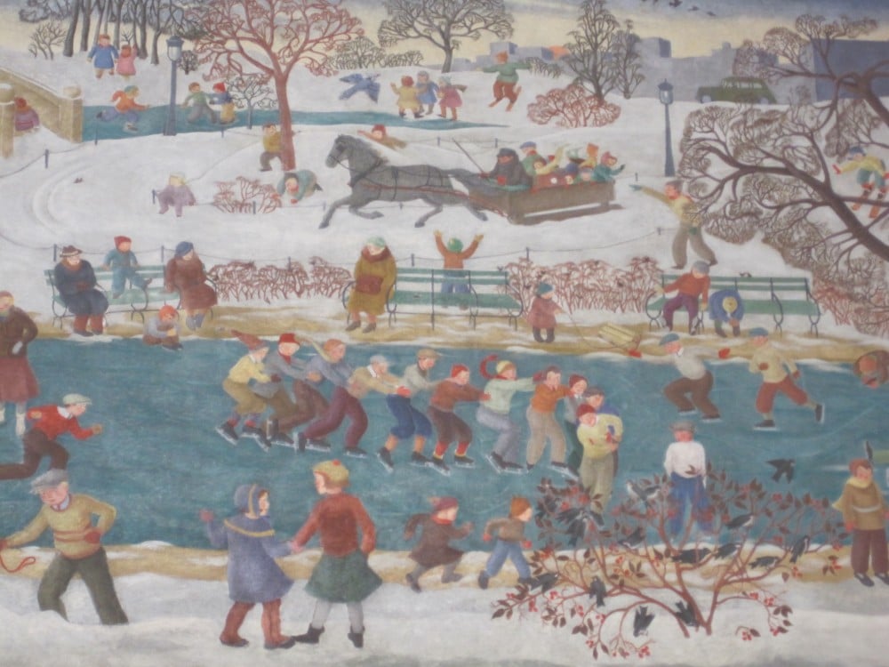 Ethel Spears, <em>Child and Sports - Winter</em> (1937). This painting was removed from Percy Julian Junior High School in Oak Park in 2019 after the Social Justice Club complained that it only depicted white children. Photo by Barbara Bernstein, courtesy of the New Deal Art Registry.