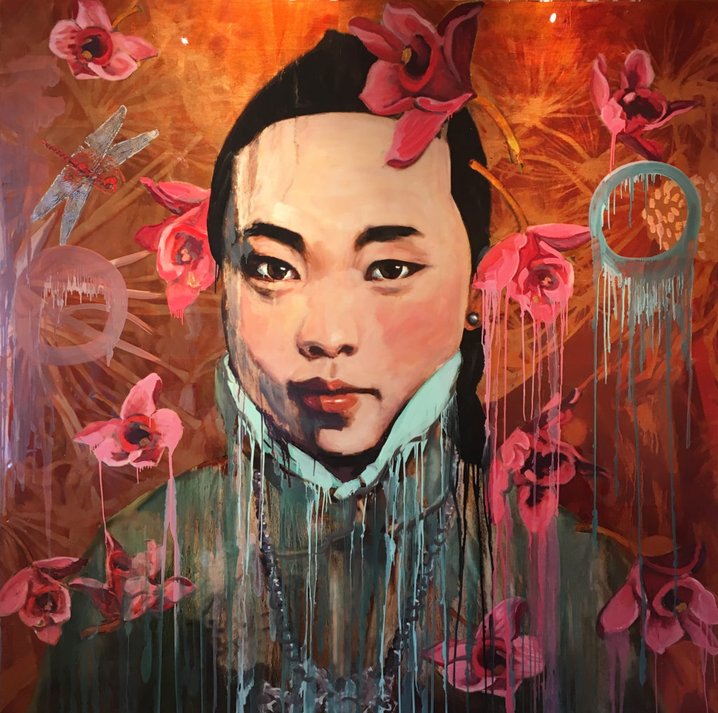 Hung Liu, Red Flower Rain (2017). Courtesy of Turner Carroll Gallery.