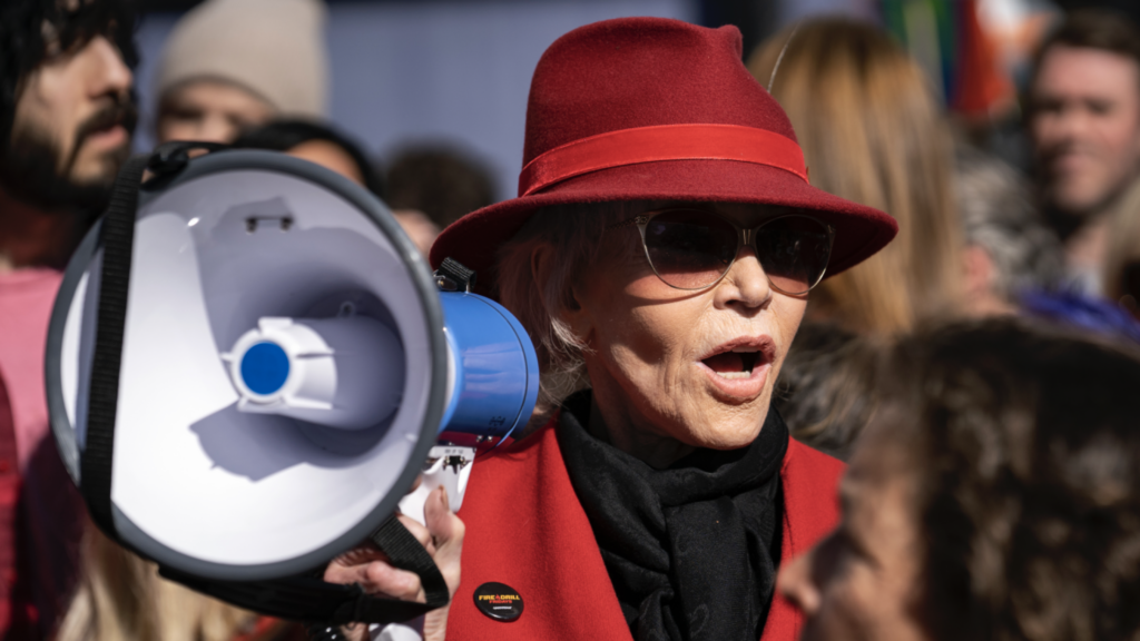 Jane Fonda at a climate emergency rally. Photo: Ronen Tivony / Echoes Wire/Barcroft Media via Getty Images.