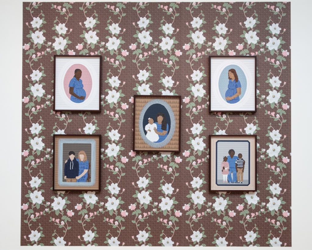 Amy Elkins, <em>Expectant Mother (Pink), Expectant Mother (Blue), Mother and Newborn, Mother and Son, Mother and Young Children</em> (2019). Photo courtesy of the Newcomb Art Museum of Tulane University.