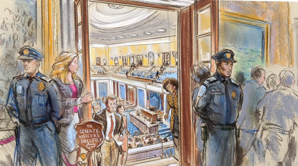 Members of press exiting the gallery doorway at the end of the impeachment trial. © Bill Hennessy. Courtesy of the artist.