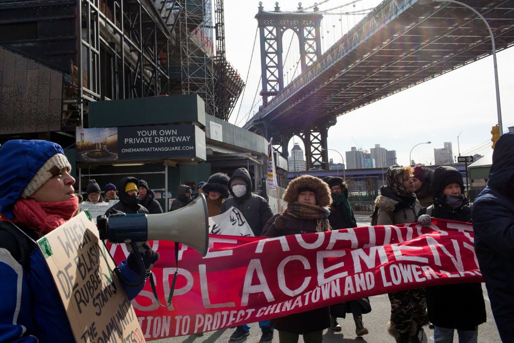 Lower East Side residents protesting the Two Bridges development in Manhattan on January 21, 2019. Photo by Andrew Lichtenstein/Corbis via Getty Images.