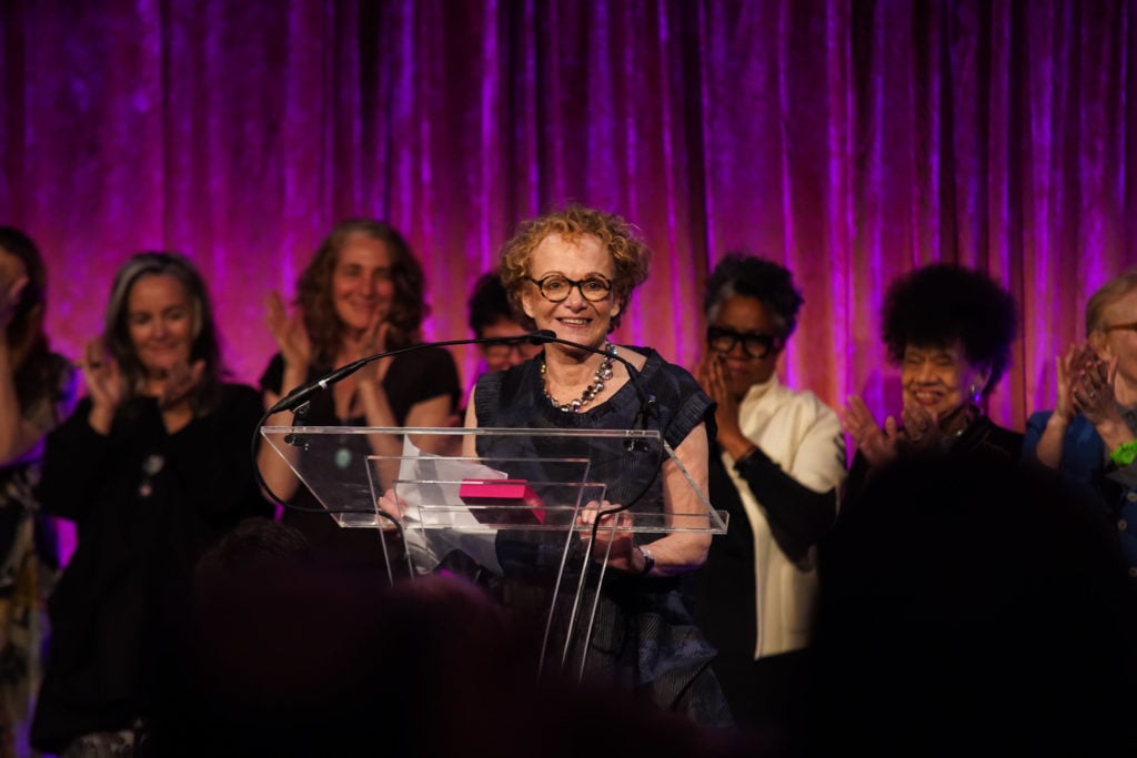The author, Susan Unterberg, during the Skowhegan Awards Dinner 2019 on April 23, 2019 in New York City, in front of previous award winners. (Photo by Gonzalo Marroquin/Patrick McMullan via Getty Images)