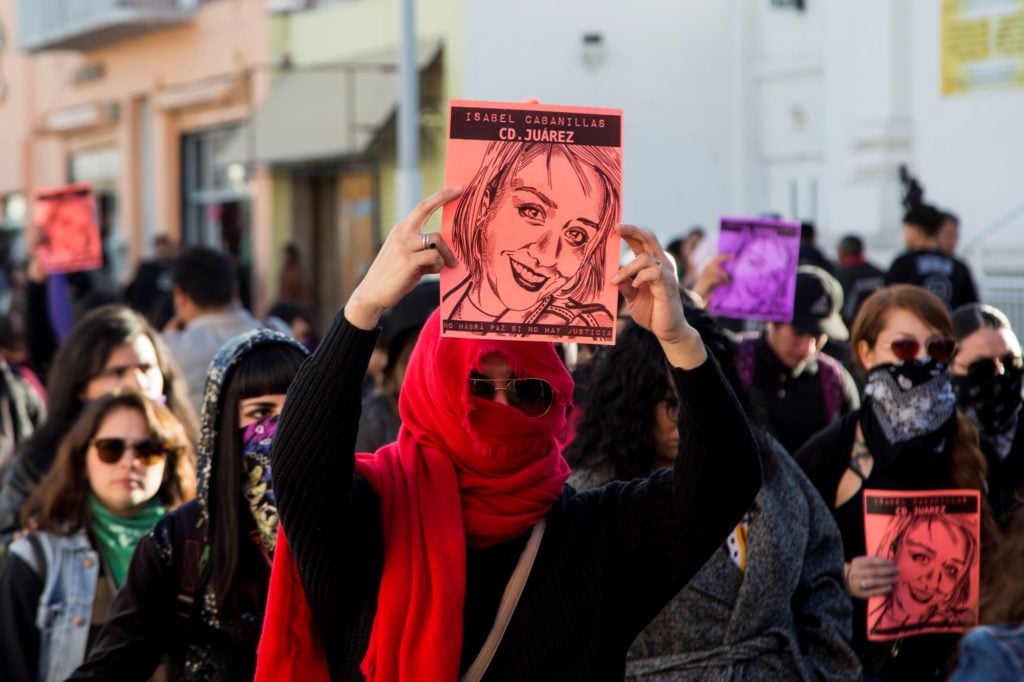 Protesters demand justice for the murder of the artist-activist Isabel Cabanillas in Ciudad Juarez, Mexico, on January 25. Photo by Pablo Monsalve/VIEWpress via Getty Images.