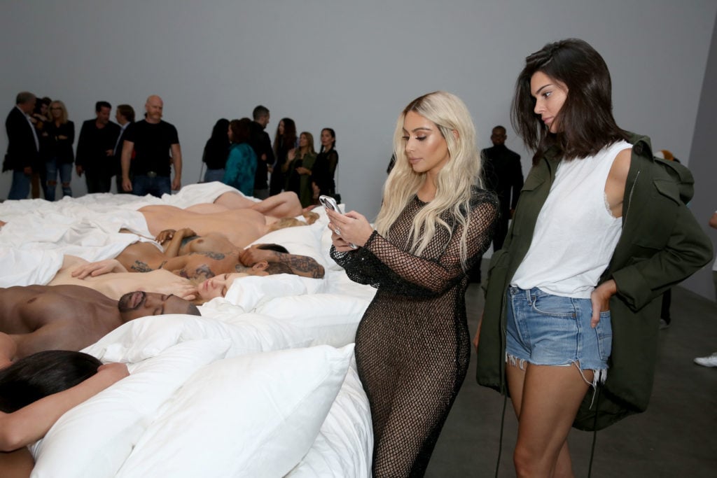 Kim Kardashian and Kendall Jenner attend Famous by Kanye West a private exhibition event at Blum & Poe, Los Angeles, California. Photo by Rachel Murray/Getty Images for Kanye West.