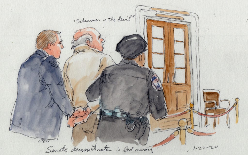 A Senate demonstrator is led away after barging into chamber. © Art Lien. Courtesy of the artist.