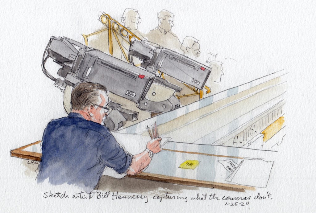 Sketch artist Bill Hennessy capturing what the cameras don't. © Art Lien. Courtesy of the artist.