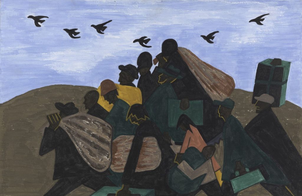 Jacob Lawrence, Panel 3 from <em>The Migration Series, From every Southern town migrants left by the hundreds to travel north</em> (1940–41). The Phillips Collection, Washington, DC; acquired 1942. © 2019 The Jacob and Gwendolyn Knight Lawrence Foundation, Seattle / Artists Rights Society (ARS), New York.