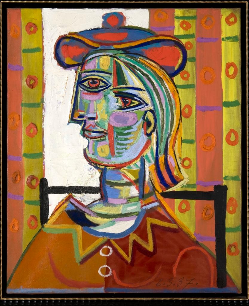 Pablo Picasso, Femme au beret et la collerette (Woman with Beret and Collar) (1937). © Estate of Pablo Picasso / Artists Rights Society (ARS) NY. Courtesy the Donald B. Marron Family Collection, Acquavella Galleries, Gagosian, and Pace Gallery.