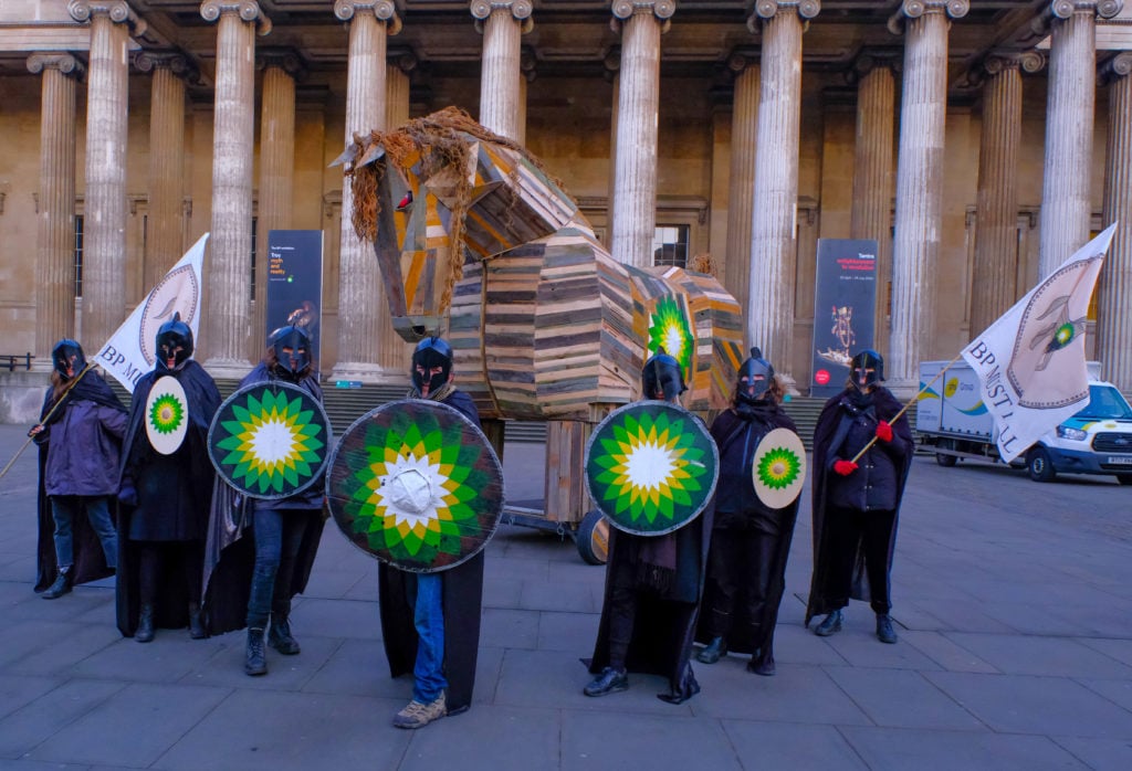 Protesters bring BP Trojan Horse to British Museum. Photo by Hugh Warwick.