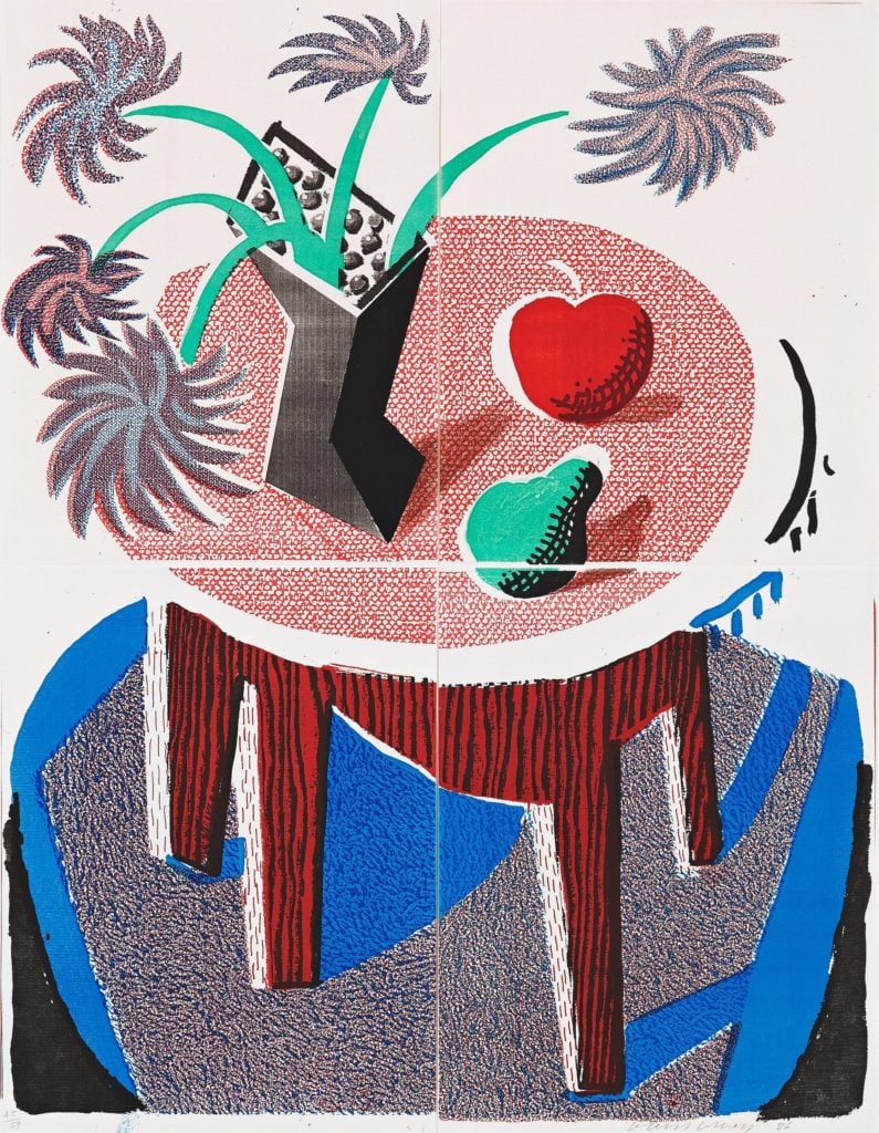 David Hockney, Flowers, Apple & Pear on a Table, July 1986 (1986).  Courtesy of Raw Editions.