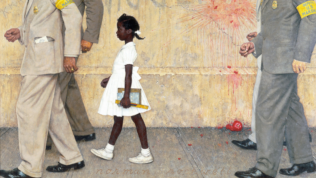 a painting in which a young girl in a white dress walks along the street between four suited men, but we can't see their heads, there is a racial slur on the wall behind