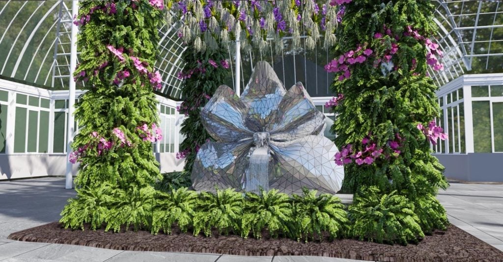 A rendering of the fountain sculpture by Michel Amann at the 2020 Orchid Show. Image courtesy of Jeff Leatham.
