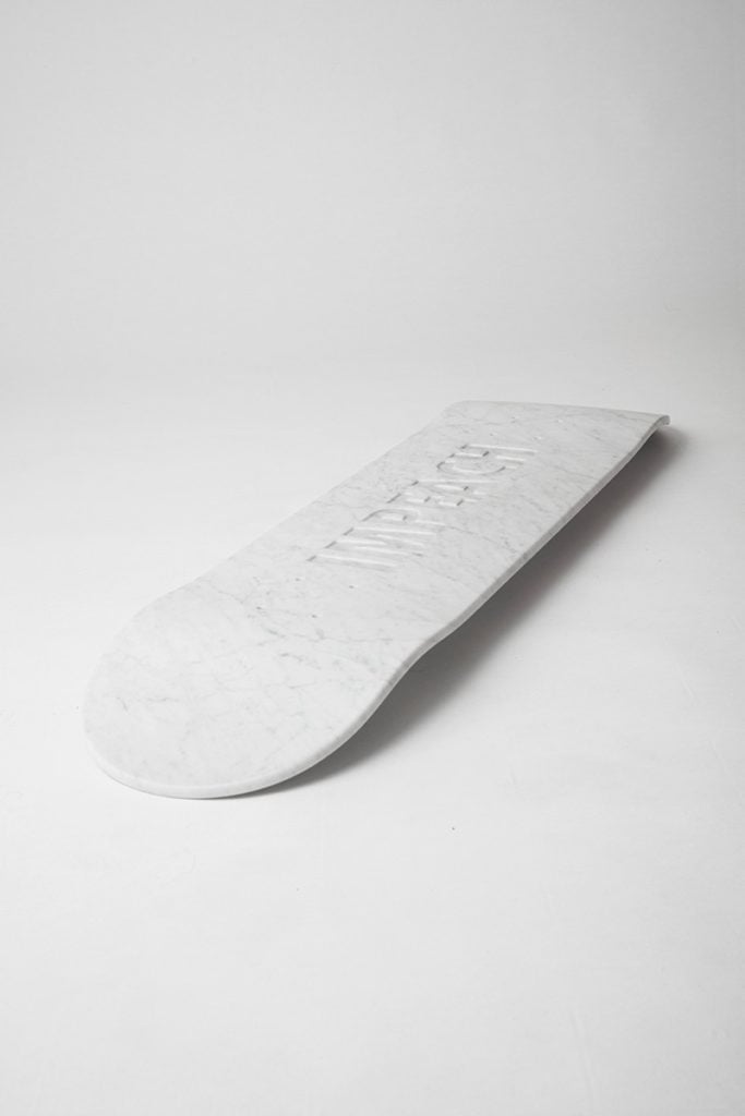 Jenny Holzer's new impeachment-themed skateboard is available from the Skateroom at High Snobiety. Courtesy of High Snobiety.