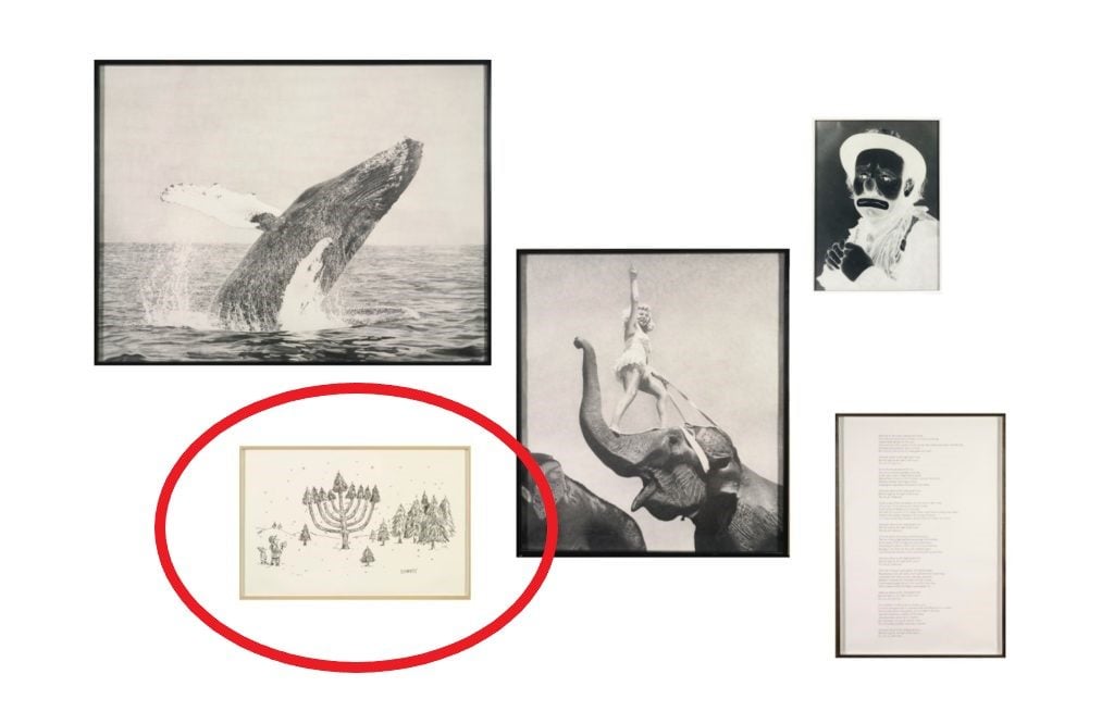 Karl Haendel. Mazel Tov Group (Untitled [Whale]; New Yorker Cartoon Drawing #27; Circus #3; Emmett Kelly; Dylan Lyrics #2) (in 5 parts) (2006–07), with the image from David Sipress circled.