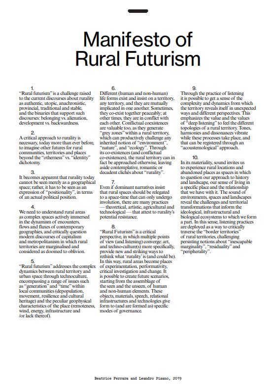 "Manifesto of Rural Futurism," by Beatrice Ferrara and Leandro Pisano."Manifesto of Rural Futurism," by Beatrice Ferrara and Leandro Pisano.