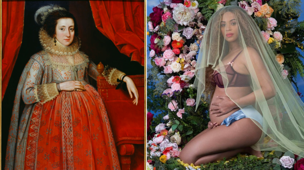 Left, Marcus Gheeraerts II, Portrait of a Woman in Red, 1620; Right, Beyonce in 2017 photographed by Awol Erikzu.
