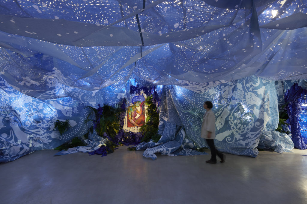 Installation view, Firelei Báez, <i<A Drexcyen Chronocommons (To win the war you fought it sideways)</i> (2019). Courtesy of the artis and James Cohan Gallery. 