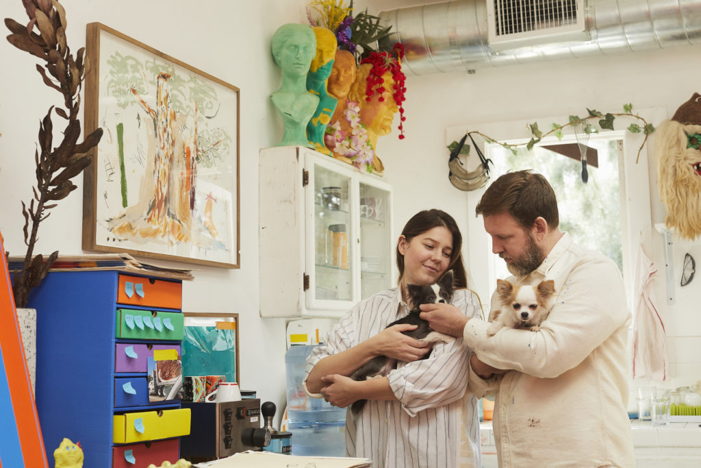 Cortright and Horowitz at home with their pets. Photo courtesy Jennelle Fong.