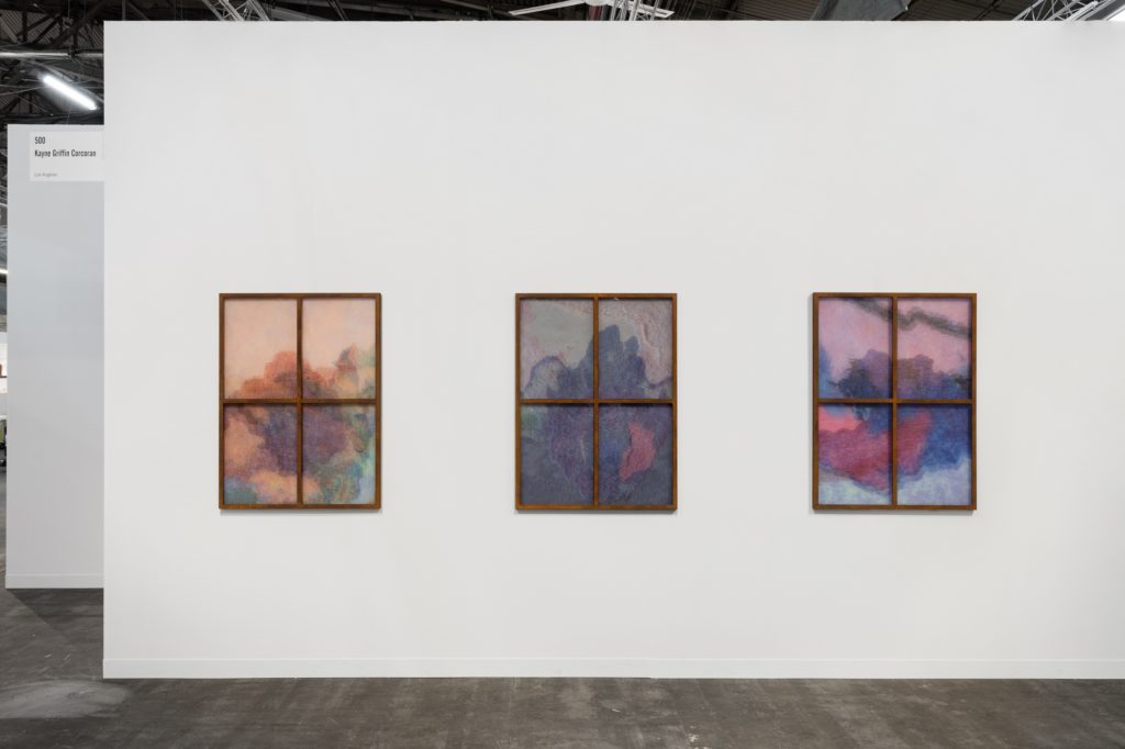 Installation view of Kayne Griffin Corcoran's booth featuring work by Rosha Yaghmai. Image credit: Charles Benton.