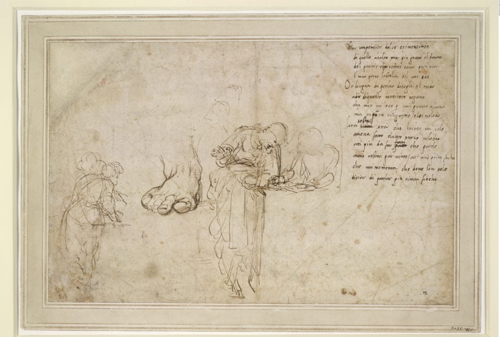 Raphael, Studies for the Disputation of the Holy Sacrament and a sonnet (c.1509 - 1511). London, The British Museum, Department of Prints and Drawings. ©The Trustees of the British Museum.