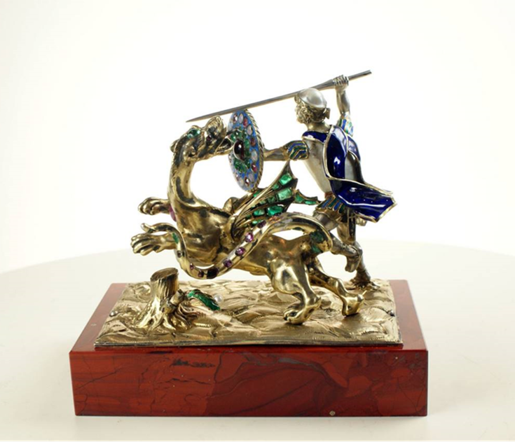 A Rare Example of St. George and the Dragon on a Jasper Base (c 1870). Courtesy of Antique Enamel Company