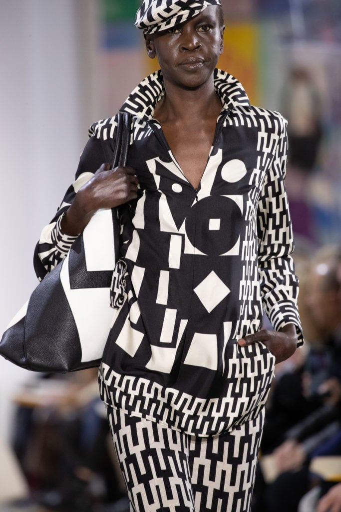 Bold prints inspired by the Cubist set designs of Robert Mallet-Stevens. Photo courtesy Akris. 