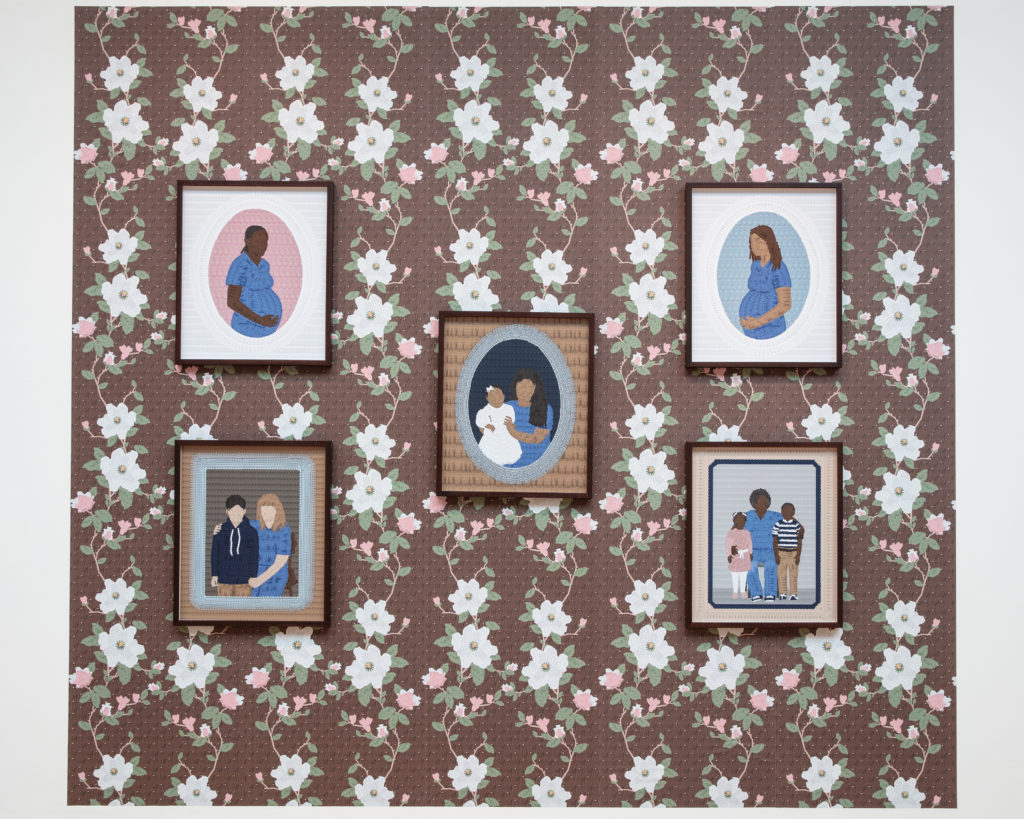 Amy Elkins, Expectant Mother (Pink), Expectant Mother (Blue), Mother and Newborn, Mother and Son, Mother and Young Children (2019). Courtesy of Newcomb Art Museum of Tulane Univeristy.