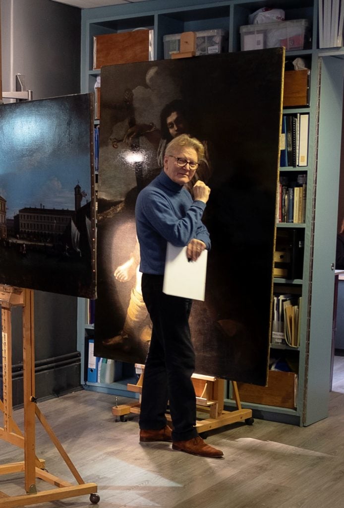 Artemisia Gentileschi's David and Goliath in the studio with Simon Gillespie. Image courtesy Simon Gillespie Studio.