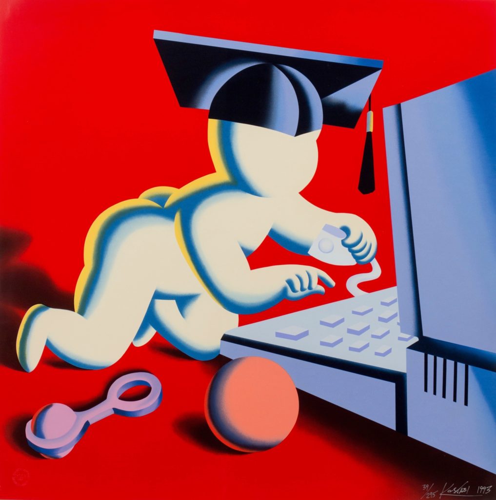 Mark Kostabi, The Early Nerd Gets the Worm (1993). Courtesy of ZQ Art Gallery.