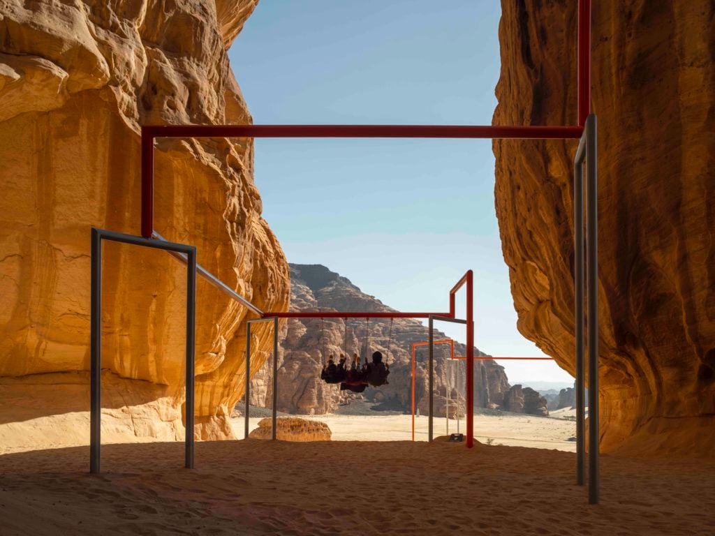 Superflex, <i>One Two Three Swing!</i> Installation view at Desert X AlUla, photo Lance Gerber, courtesy the artist and Desert X AlUla.