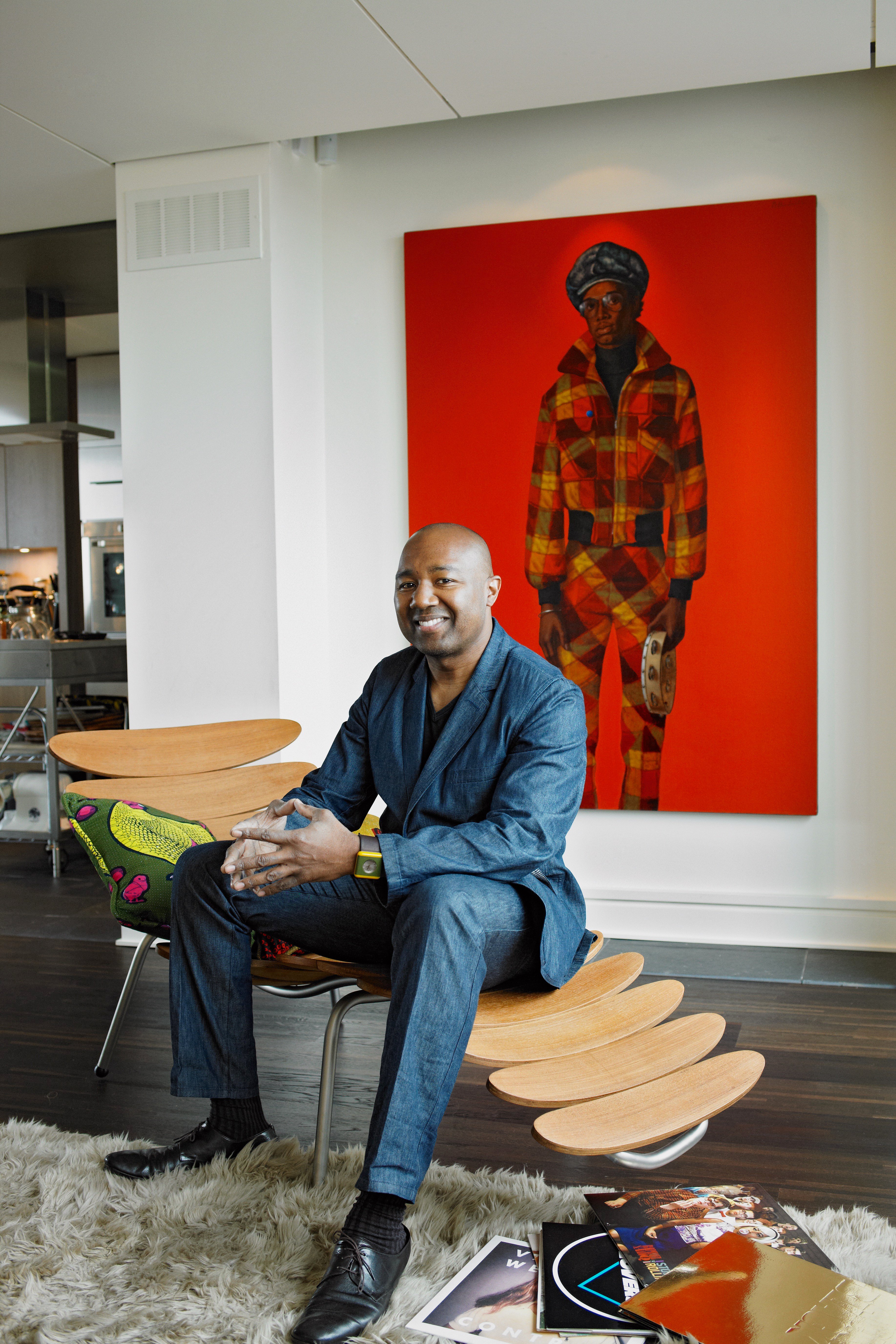 Dr Kenneth Montague at home with Barkley Hendricks Blood (Donald Formey) (1975). Courtesy Dr Kenneth Montague/The Wedge Collection.