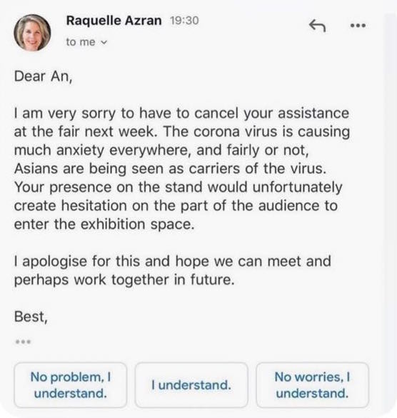 Art dealer Raquelle Azran wrote this email to curator An Ngyuen to inform him that he was no longer welcome at her Affordable Art Fair booth in London.