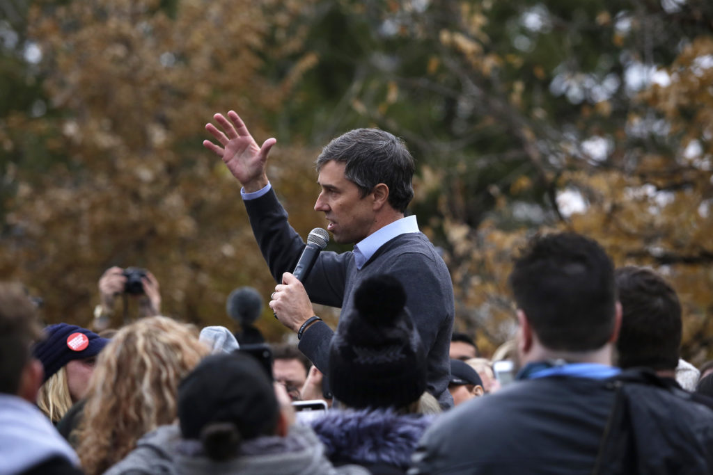 Democratic presidential candidate and former Rep. Beto O'Rourke speaks to his supporters after announcing he was dropping out of the presidential race before the start of the Iowa Democratic Party Liberty. Photo by Joshua Lott/Getty Images.
