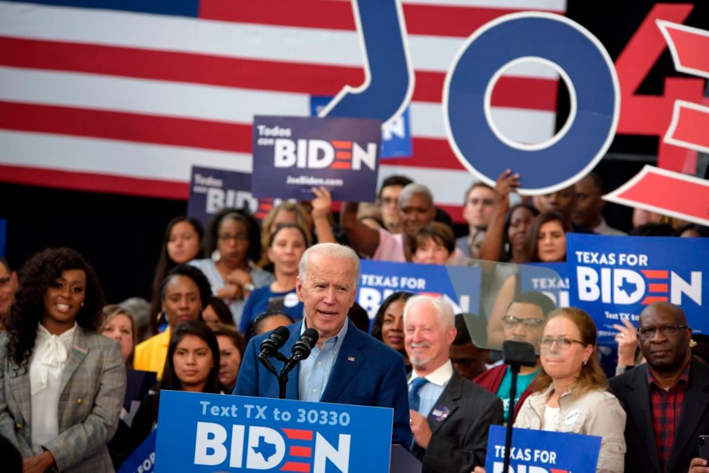 Presidential candidate Joe Biden speaks to supporters during a rally on March 2, 2020 at Texas Southern University in Houston, Texas. Photo by Mark Felix/AFP/Getty Images.