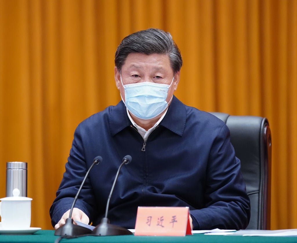 Chinese President Xi Jinping chairs a teleconference and delivers an important speech after the field inspection of the epidemic prevention and control work in Wuhan, central China's Hubei Province, March 10, 2020. Photo: Ju Peng/Xinhua via Getty Images.