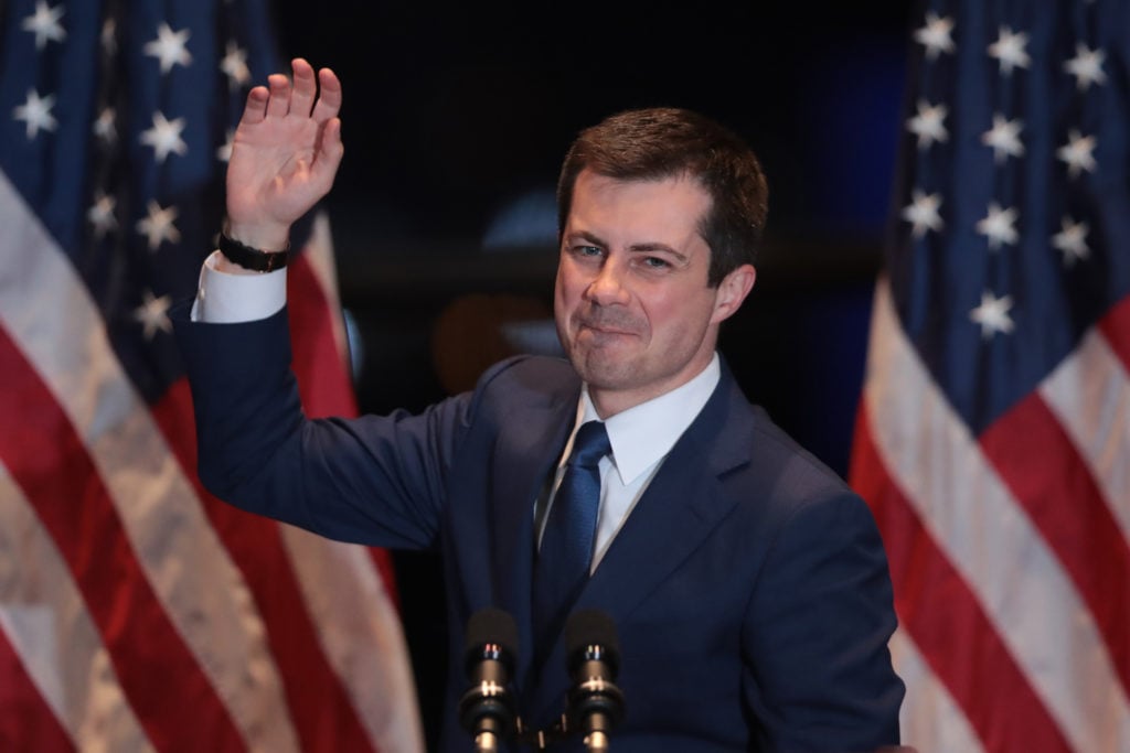 Former South Bend, Indiana Mayor Pete Buttigieg announces he is ending his campaign to be the Democratic nominee for president during a speech at the Century Center on March 01, 2020 in South Bend, Indiana. Photo by Scott Olson/Getty Images.