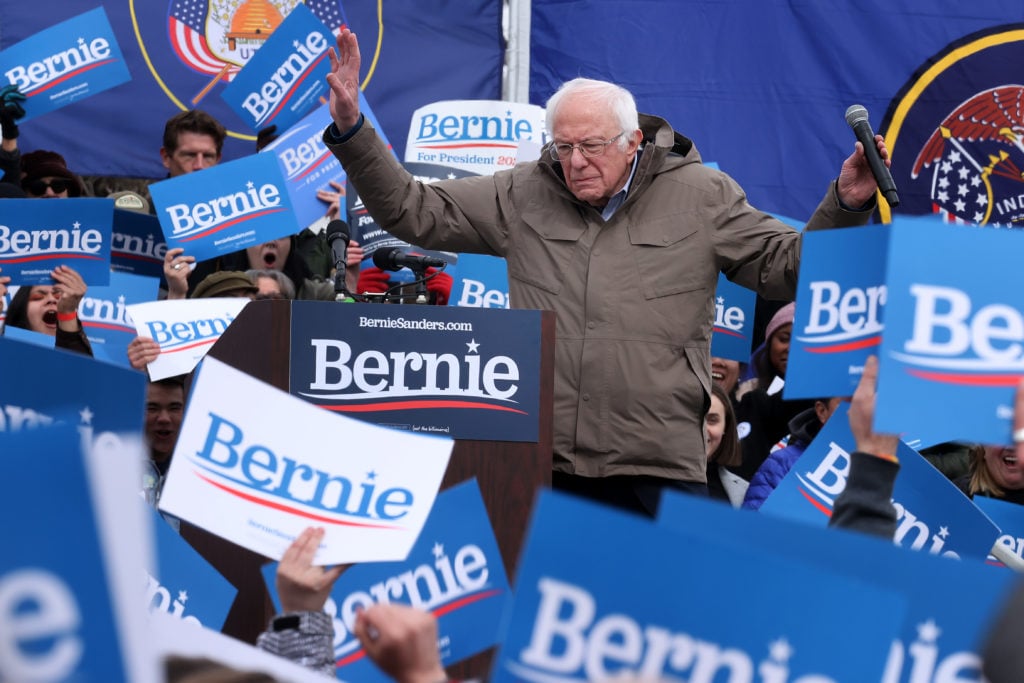 Democratic presidential candidate Senator Bernie Sanders addresses supporters during a campaign rally in the Central Mall of the Utah State Fair Park March 02, 2020 in Salt Lake City, Utah. Photo by Chip Somodevilla/Getty Images.
