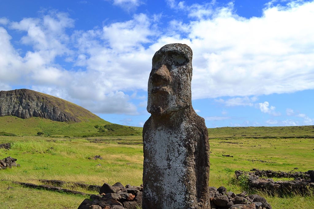 A Moai, monolithic human figure on Easter Island. Photo by Andia/ Universal Images Group via Getty Images.